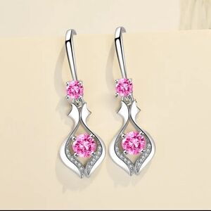 Vintage Elegant Boho Pink Water Drop  Round Zircon Stone Dangle Earrings.